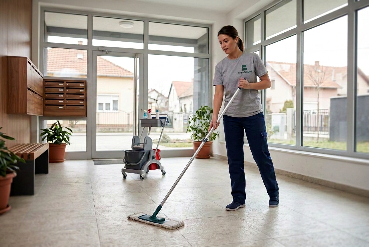 Žena čisti pod ulaza zgrade džogerom, uz opremu za održavanje zajedničkog prostora